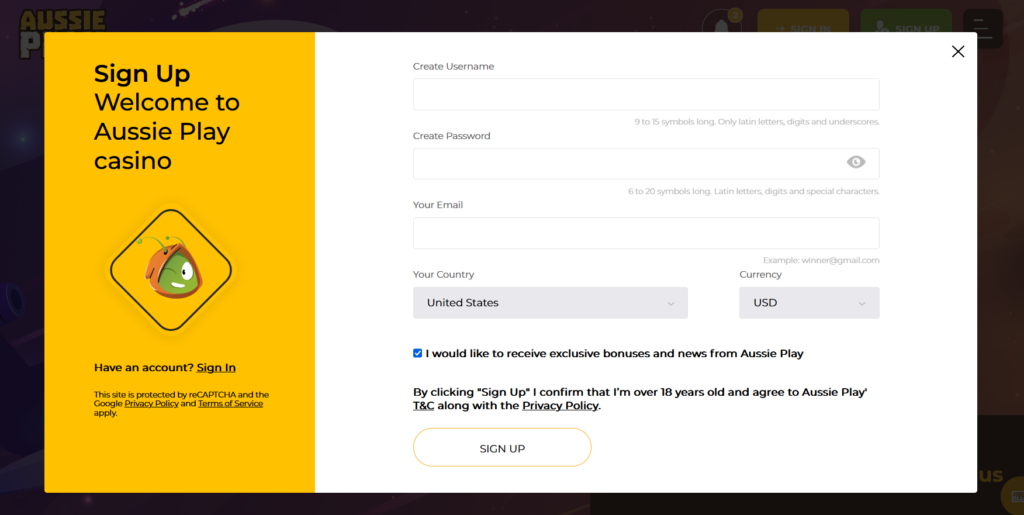 aussie play sign up