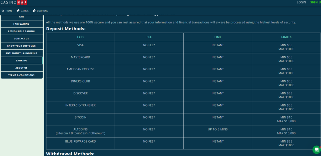 casinomax banking